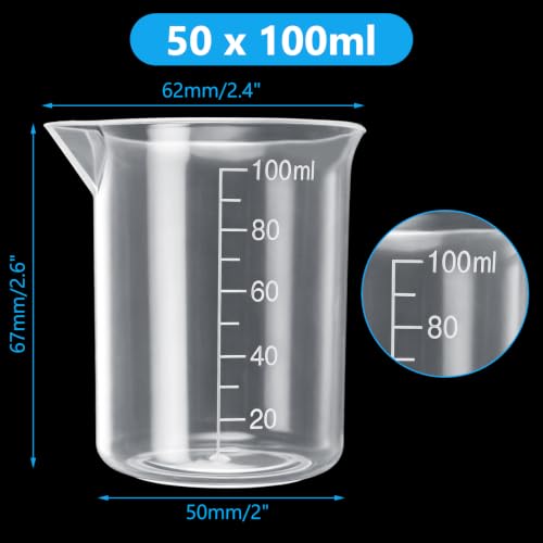 50 Pack Plastic Beakers 100ml / 3.4oz Graduations Premium Polypropylene Plastic Graduated Measuring Cups for Science Lab Equipment, Home Experiment, School Teaching Supplies Transparent