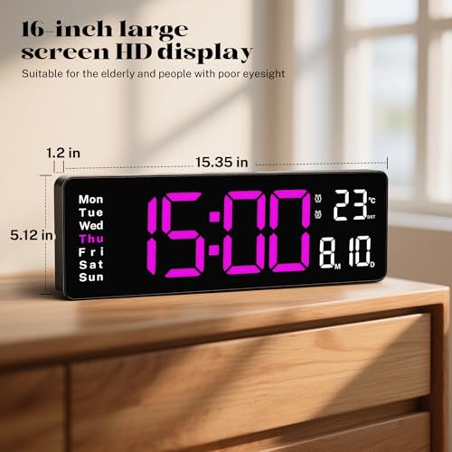 Digital Clock Large Display, 16" Large Digital Wall Clock for Classroom, Led Big Wall Clocks with Remote Control,Date,Week,Alarm,Temp,Night Light for Bedroom,Living Room,Gym,Office - color: Rose Red, size: 16 Inch