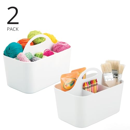 mDesign Plastic Portable Craft Storage Organizer Caddy Tote, Divided Basket Bin w/Handle - Craft, Sewing, Art Supplies - Holds Brushes, Colored Pencils - Lumiere Collection - White, 2 Pack