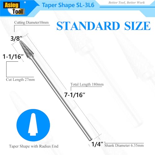 SL-3L6 Tungsten Carbide Burr Rotary File Taper Shape with Radius End Double Cut with 1/4" Shank for Die Grinder Drill Bit - style: SL-3L6