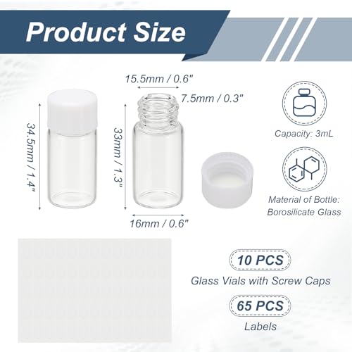 PATIKIL 10Pcs 3ml Clear Glass Vials Sample Vials with Screw Cap Reagent - size: 3ml