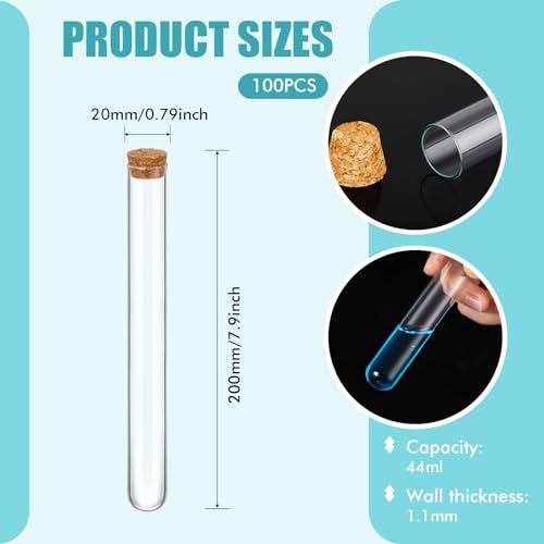 Thyle Glass Test Tubes Bulk with Cork Clear Stoppers, 20x200mm/44ml, 100 Pcs - size: 20x200mm/44ml
