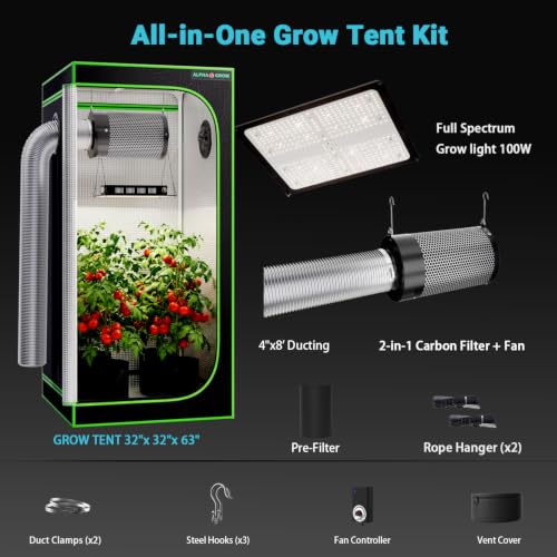 32x32 Complete Grow Tent Kit with LED Grow Light and Fan Filter, 32"x32"x63" 1680D Mylar Indoor Grow Tent System with AG1000 100W Full Spectrum Light, 4 Inch 2-in-1 Carbon Filter Fan, Silver Ducting
