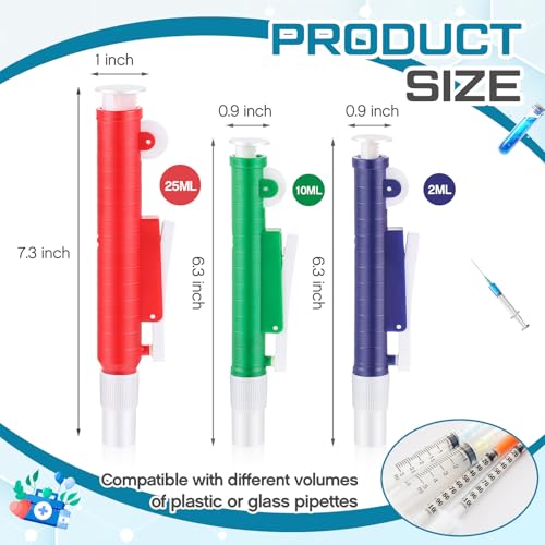 Teenyyou 3 Pcs 2ml 10ml 25ml Scientific Pipette Pumps, Lab Pipettes, Fit Plastic or Glass Pipettes (Red, Blue, Green) - color: Red, Blue, Green, size: 2ml,10ml,25ml