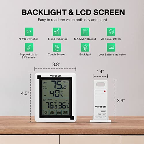 VIVOSUN Indoor Outdoor Thermometer Wireless Digital Hygrometer Temperature and Humidity Monitor with Touchscreen LCD Backlight, 200ft/60m Range, Battery Included - size: 1 Remote Sensors, style: 1 Console & 1 Sensor