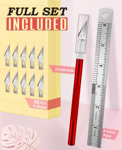 DIYSELF Hobby Knife Set with 10 Extra #11 Blades, 15cm Metal Ruler for Art - color: Red-10pcs