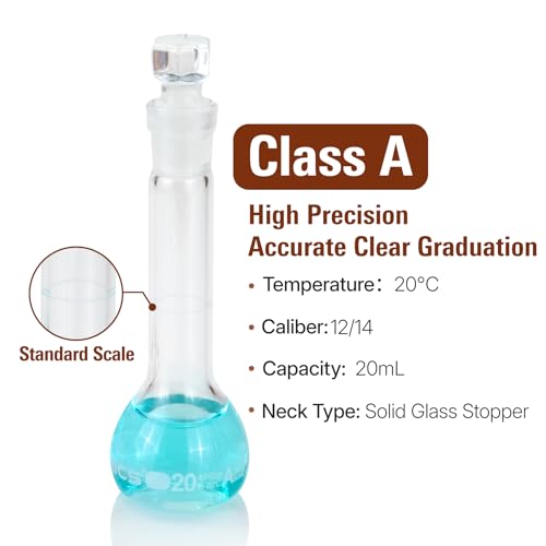 20 ml Volumetric Flask,Clear,3.3Borosilicate Glass,Class A,NS12/14 Glass Stopper,Laboratory Project (Pack of 2) - color: Clear, size: 20ml