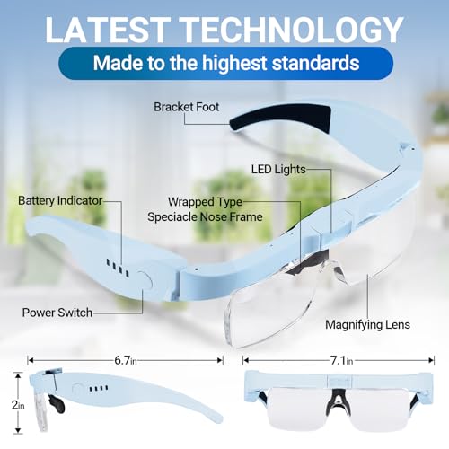 YOCTOSUN Magnifying Glasses for Close Work with 3 LED Lights, Storage Case, Head Strap and 5 Detachable Lenses 0.75X,1.25X,2.0X,3.0X 4.0X, Headset Magnifier for Jewelry, Hobby & Crafts - color: Blue With Storage Case