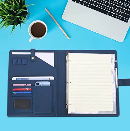 Wonderpool A4 PU Leather Portfolio Holder Ring File Document Case with Removable Binder Clipboard, Multi Pocket and Legal Pad for Business Organizer Interview and Meeting (Dark Blue) - color: Dark Blue
