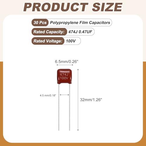 MECCANIXITY 30 Pcs Metallized Polypropylene Film Capacitors 474J 0.47UF - size: 474J 0.47UF