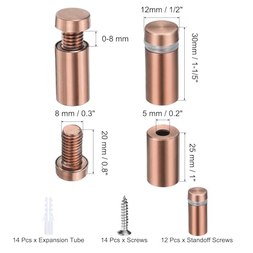 uxcell 12 Pcs 1/2" x 1-1/5" Standoff Screws Stainless Steel Wall Mount Sign Mounting Hardware Kit with 14pcs Screws for Hanging Acrylic Glass Signs Advertising Boards, Rose Gold - color: Rose Gold, size: 1/2" x 1-1/5"