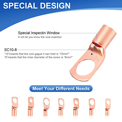 60Pcs Copper Wire Lugs, Battery Cable Ends AWG 4 6 8 10 12 Gauge Wire Connectors with Heat Shrink Set, Ring Terminals Connectors Battery Cable Lugs Battery Lugs with 30Pcs Heat Shrink Tubing Kit - size: 60PCS