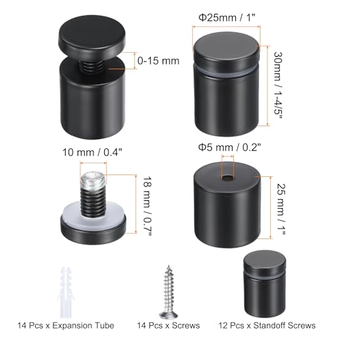 uxcell 12 Pcs 1" x 1-1/5" Standoff Screws Stainless Steel Wall Mount Sign Mounting Hardware Kit with 14pcs Screws for Hanging Acrylic Glass Signs Advertising Boards, Black - color: Black, size: 1" x 1-1/5"