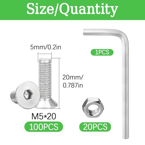120Pcs M5x20mm Stainless Steel Flat Head Socket Cap Screws, Full Thread Allen Drive Countersunk Bolts, Bright Finish, Ideal for DIY & Home Repair - size: M5x20