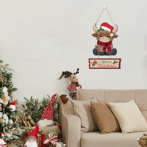 HLNIUC Mooey Christmas Wall Sign Cute Xmas Highland Cow Door Sign for Home - color: Christmas 2