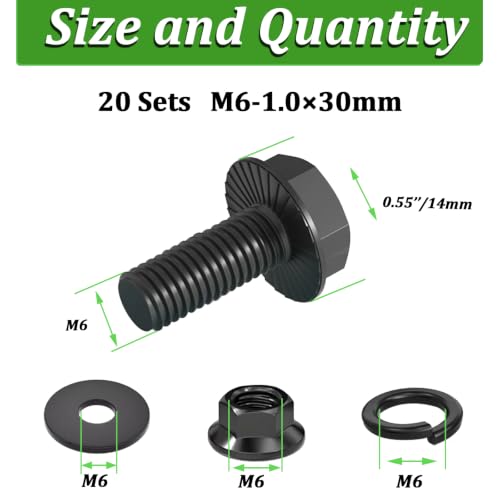 20 Set M6-1.0 x 30mm Flanged Hex Head Bolts,Flange Nuts,Flat & Lock Washers,10.9 Black Zinc Plated,Full Thread, Alloy Steel - color: Black-flange, size: M6-1.0x30mm(20 sets)
