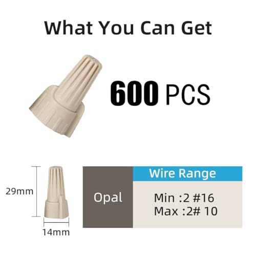 Winged Wire Conectors Nuts,Wire Twist 600 Pcs Tan Electrical Screw Springs Caps Terminals Stainless Assortment Set Screw Terminal P12,22-10AWG - color: Winged Tan