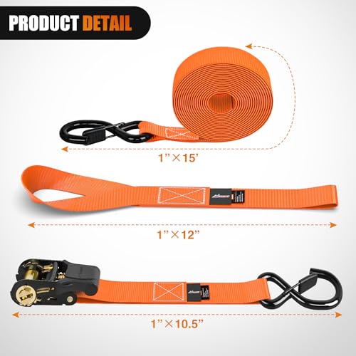 Nilight Ratchet Tie Down Straps 4500LBS Break Strength 1”×15’ Orange 4 Pack - color: 1in x 15ft Ratchet Straps 4Pcs