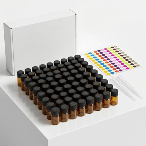 Amber Glass Vials, 100Pcs, 3ml Small Glass Bottles with Black Caps, Mini Essential Oil Bottles with Droppers & Label Stickers for Perfume, Lab Sample, Liquid Storage - size: 3ml