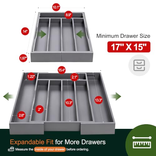 Expandable Bamboo Kitchen Drawer Organizer for Cutlery and Utensils, Adjustable Bamboo Wood Cutlery Tray in Drawer for Flatware and Silverware in Kitchen, (Grey) - color: Grey, size: 7 Slots Expandable