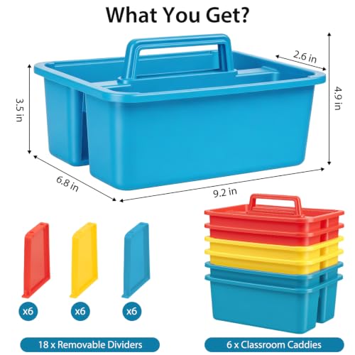6 Pack Classroom Caddy, Plastic Caddies with Handle & Removable Dividers