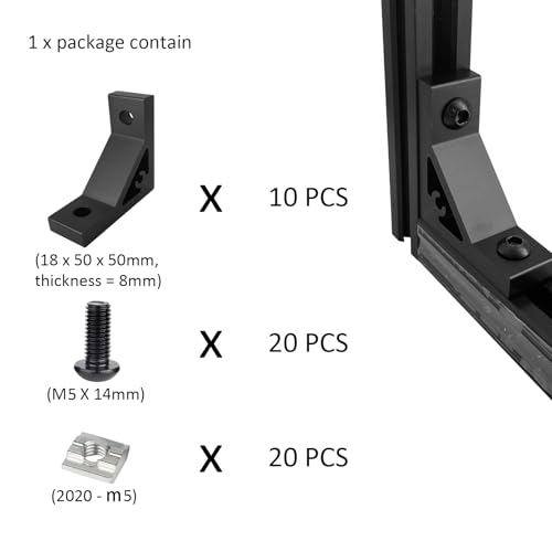 10 Set 2020 Aluminum Extrusion Accessories Hardware T Slot Brackets | M5 T Slot Nut and Bolt, 20 Series 2020 2040 8020 Extruded Aluminum Profile Rail, 90 Deg L Corner Connector, Heavy Duty - style: 10B-2053P