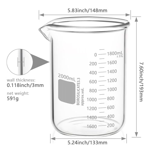 Heavy Duty 2000ML Glass Beaker, White Double Scale Graduation, Borosilicate 3.3 Glass, Low Form Griffin Lab Measuring Beaker, 1 Each (2000ML) - size: 2000ML