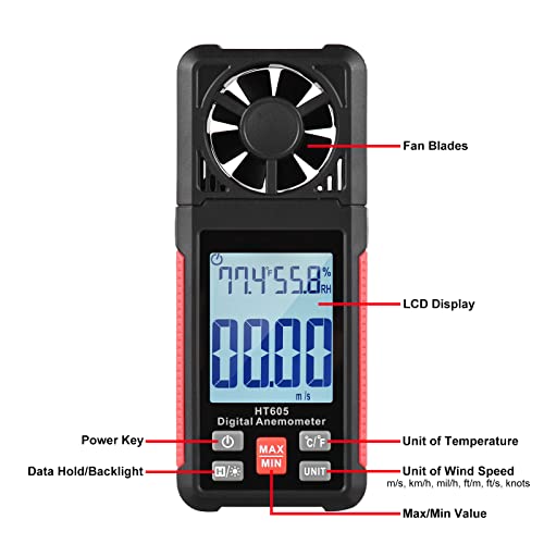 HT605 Digital Anemometer, Handheld Wind Gauges Wind Speed Meter with Big Backlight LCD Screen, Air Flow Meter for Sailing Surfing Drone Flying RC Plane Golf Shooting HVAC
