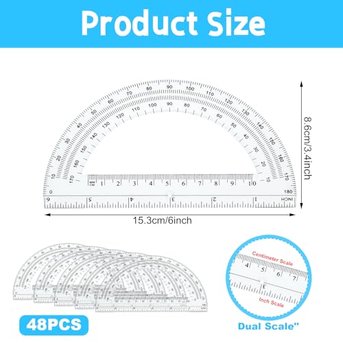 CertBuy 48 Pack Clear Protractor 6 Inch, Plastic Protractor Math Protractors 180 Degrees for Angle Measurement, Protractor for Geometry,Student Math Protractor Ruler for Drawing Geometry Classroom