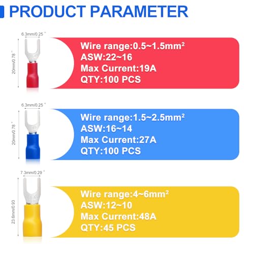 Twidec/245PCS Insulated Fork Spade Wire Connector 22-16/16-14/12-10 Gauge #8 Quick Splice Crimp U-Type Terminal Connectors Assortment Kit - color: 245PCS