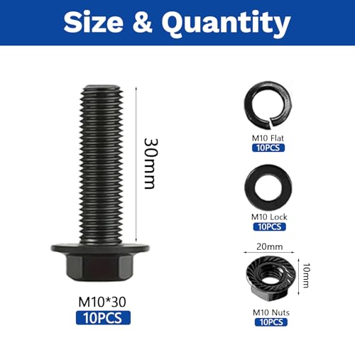 10Pcs M10 x 30mm Flange Head Bolt Assortment Kit, Carbon Steel Black Oxide Finish with Serrated Flange Nuts & Washers, Full Thread Hardware Set for DIY & Professional Use - size: M10x30-10Pcs