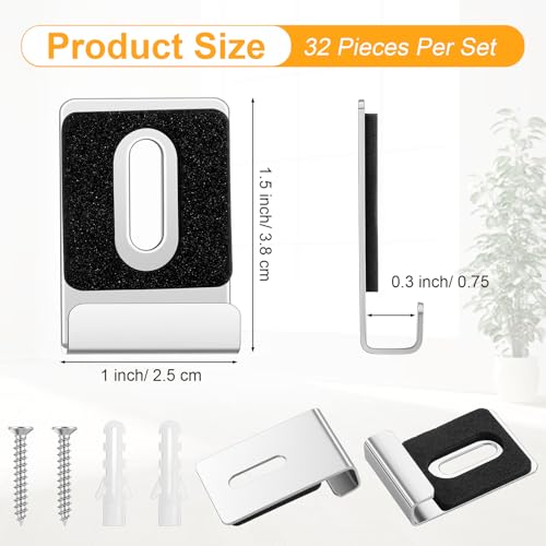 32 Pcs Metal Mirror Holder Kit, J Type Hanger Clip Kit with Screws Rubber Pads Heavy Duty Mirror Holder Clips for Frameless Mounting Wall Tile Billboard Display (1.5" x 1", Silver) - color: Silver