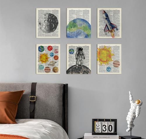 CHDITB Space Exploration Canvas Wall Art, Solar System Wall Decor, Set Of 6 Dictionary Outer Space Poster With Frame Astronaut Wall Art Universe Art Prints For Kids Room Nursery Decor (8x10 Inches) - color: Outer Space 2, size: 8x10 inches
