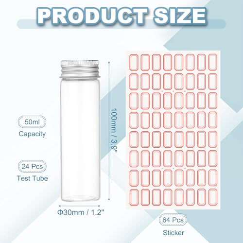 PATIKIL 50ml Test Tubes with Caps, 24Pcs 30x100mm Glass Clear Flat Bottom Test Tube Containers with Plastic Cap for Bead Party Candy Bath Salt Storage Scientific Experiment Plant(Silver) - color: Silver, size: 30x100mm