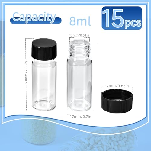 15 PCS 2 Dram Glass Vials, Small Liquid Sample Vial,17x60mm 8ml Borosilicate Glass Empty Vials with Caps, Leak-Proof Vial,15-425 Black Screw Caps with PE Liner - size: 8ML(17x60mm)