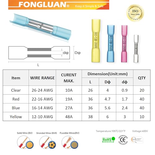 110pcs Heat Shrink Butt Connectors Kit 26-10 Gauge Solder Seal Wire Connectors Waterproof Insulated Electrical Quick Splice Wire Crimp Terminals