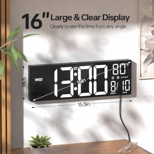 JALL 16.2" Large Digital Wall Clock with Bluetooth Sync, RGB Digital Clock Large Display with Auto DST, Wall Clock for Classroom Bedroom Gym Office, Led Clock for Seniors (White) - color: White, size: 16.2 inches