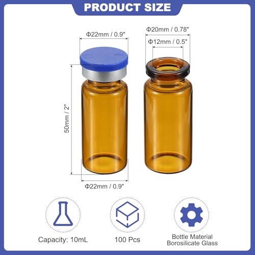 PATIKIL 10ml Sample Vials, 100 Pack Lab Empty Vials with Butyl Rubber Stopper Crimp Top Caps and Labels Borosilicate Glass Vial, Amber - color: Amber, size: 10ml