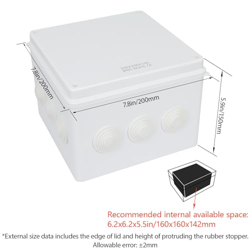 LeMotech Junction Box, ABS Plastic IP65 Waterproof and Dustproof, Universal Electrical Enclosure, Outdoor and Indoor Project Box 7.8X 7.8X 5.9 inch (200 x 200 x 150 mm) - size: 7.8" x 7.8" x 5.9" (1pc)