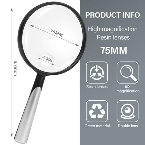 Feosky Handheld Reading Magnifier, 10X Magnifier, 75mm Shatterproof Lens, Non-Slip Handle for Adults Close Work, Seniors Reading and Halloween & Cosplay(Silver) - color: Silver/Black, size: 75mm
