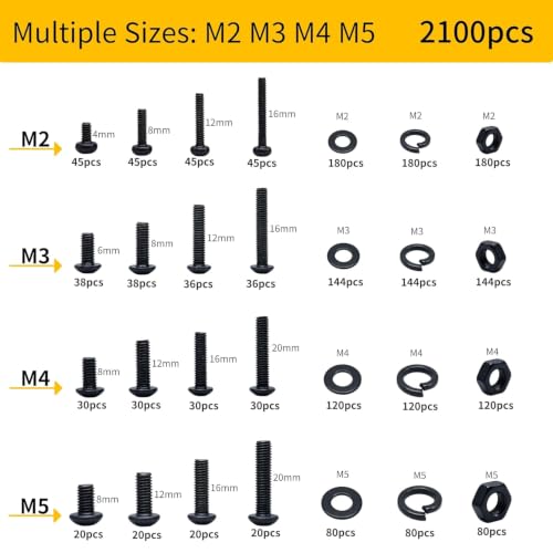 2100PCS Metric Screw Assortment Kit,M2 M3 M4 M5 Screws Set - size: Black-2100pcs M2-M5, style: Button Head