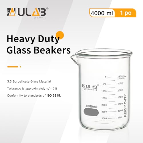ULAB Heavy Duty Glass Beakers, Vol.4000ml (135oz), Borosilicate 3.3 Glass, Thick Wall Beakers, with Double Scale, Superior Durability & Chemical Resistance, UBG1067 - style: 1pc of Vol.4000ml
