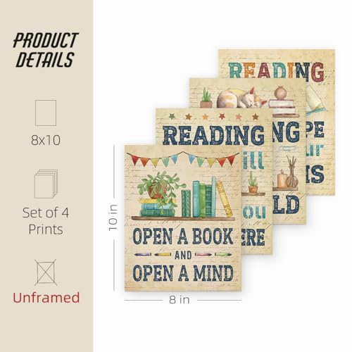 ETVISO Reading Posters for Library Set of 4, Classroom Decor, Library Decor, Book Club Decorations, Book Lovers Gifts, Retro Vintage Wall Art for Reading Room Classroom Nursery, 8x10 (Unframed) - color: Reading -cat, size: 8x10 in
