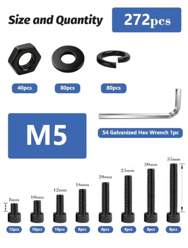 272PCS M5 Screw Assortment Kit, 12.9 Grade Alloy Steel Socket Head Cap Screws with Hex Nuts, Flat & Spring Lock Washers, Metric Bolt Set S4 Hex Key Included, Galvanized, 3D Printing Electronics Repair - size: M5 272pcs