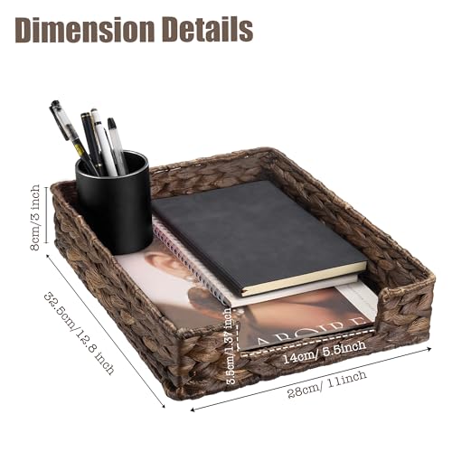 PINXIURY Water Hyacinth Letter Tray for A4 File Desk Mail Letter-Size Paper, Basket Woven Organizer, Magazine Files Storage, Office Document Organizer and Storage, Coffee - color: Coffee