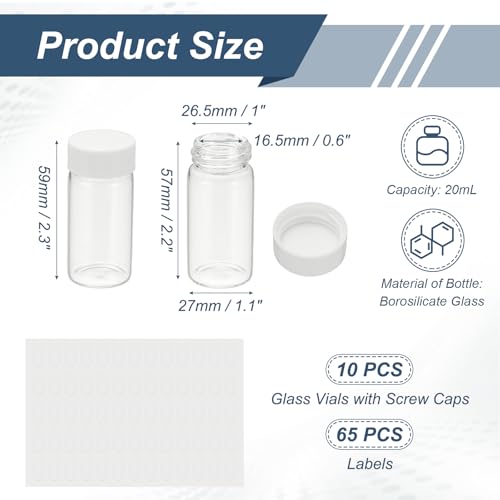 PATIKIL 10Pcs 20ml Clear Glass Vials Sample Vials with Screw Cap Reagent - size: 20ml