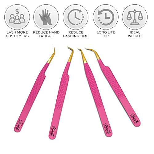 Fiber Tip Lash Tweezers Set of 4, Pink, Diamond Grip, Japanese Steel - color: Pink