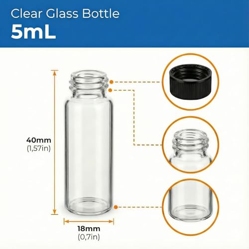 100Pcs 5ml 1Dram Glass Bottles with Black Caps - 1/6 oz Small Travel Vials for Essential Oil Blends, Serums & Cosmetic Samples - Refillable Clear Empty Jars for Wedding Favors, Potions, and Art Crafts - color: Clear, size: 5ML