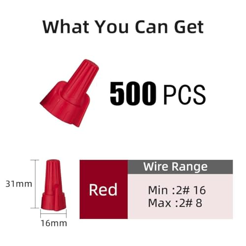 Winged Wire Conectors Nuts,Wire Twist 500 Pcs Red Electrical Screw Springs Caps Terminals Stainless Assortment Set Screw Terminal P13,22-10AWG - color: Winged Red