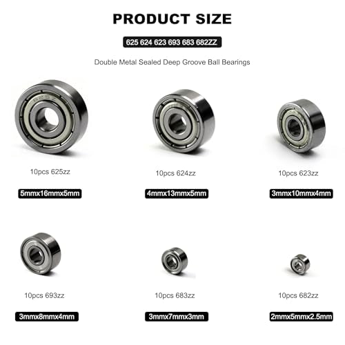 60 Pcs 6-Size 625ZZ 624ZZ 623ZZ 693ZZ 683ZZ 682ZZ Deep Groove Ball Bearings Kit, Miniature Bearings Assortment for Skateboards, Consumer Electronics - Double Shielded
